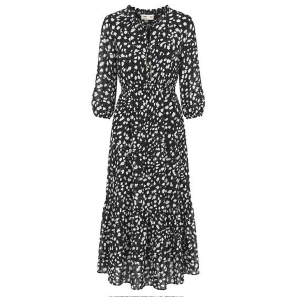 TINSEL Chiffon Midi Dress Tassel Tie Ruffle Hem Black White Size Petite XS